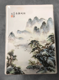 A square Chinese qianjiang cai brush pot with landscapes, 20th C.